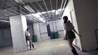 2 students tongue kiss in abandoned warehouse - Lesbians